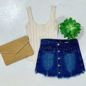 DENIM STUDDED HIGH WAISTED SKIRT